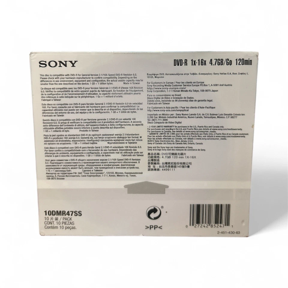 Paquete de 10 SONY DVD-R en fundas de papel - 16x 4,7 GB 120 minutos medios ópticos 10DMR47SB Foto 3 de 3