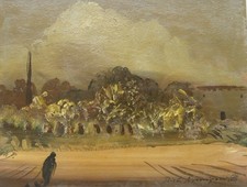 Pietro Annigoni (Milano 1910 - Firenze 1988) Paesaggio con figura OLIO cm 13x17