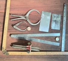 6 Vintage Woodwork Tools. Mortise Gauge, Ruler, 2 Calipers, 2 Cabinet Scrapers