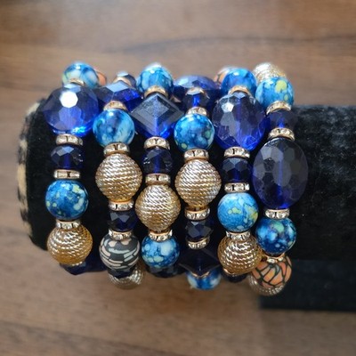 Blue Gold Black Beaded Stretch Stack Bracelet Set Round Blue Glass Beads