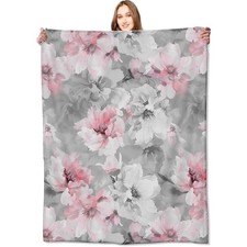 Pink Floral Blanket,Grey White Peony Flower Blossom Romantic 50x60in Floral 02