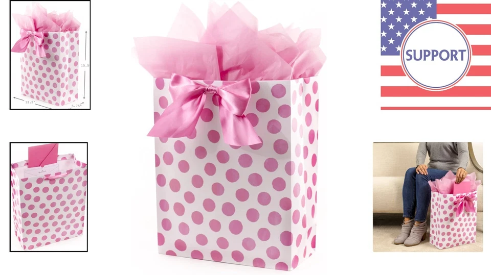 Encantadora bolsa de regalo de lunares rosa de 15,5" con lazo perfecta para cualquier celebración Foto 2 de 4