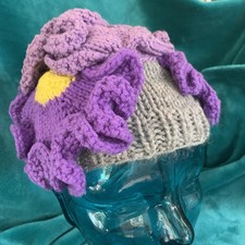 Hand Knit Crochet Girls Hat Purple with Lavender Flowers Twee Whimsy Flower