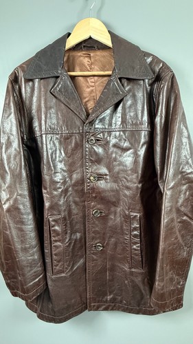 Reiss, Vintage REISS London Brown Real Leather Jacket Mens Large Car Coat Blazer Button