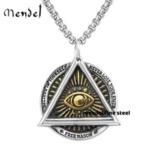MENDEL Mens Gold Plated Hip Hop Masonic Evil Eye Of Providence Pendant Necklace