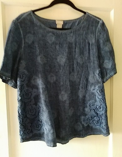Chicos 2P Denim Blue Shirt Sleeve Embroidered Linen Box Cut Blouse Sz 12P - 第 9/12 張圖片