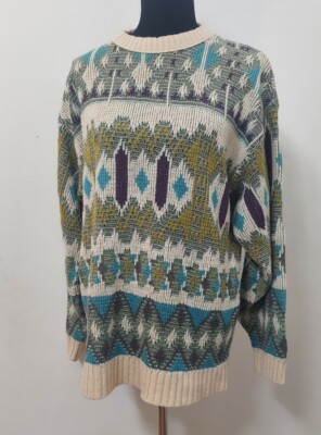 Vintage 80s 90s Gitano Sportswear Geometric Print Sweater Purple Teal Ivory XL