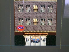 Flat Building for O Scale train sets Research building w lighted sign & logo
