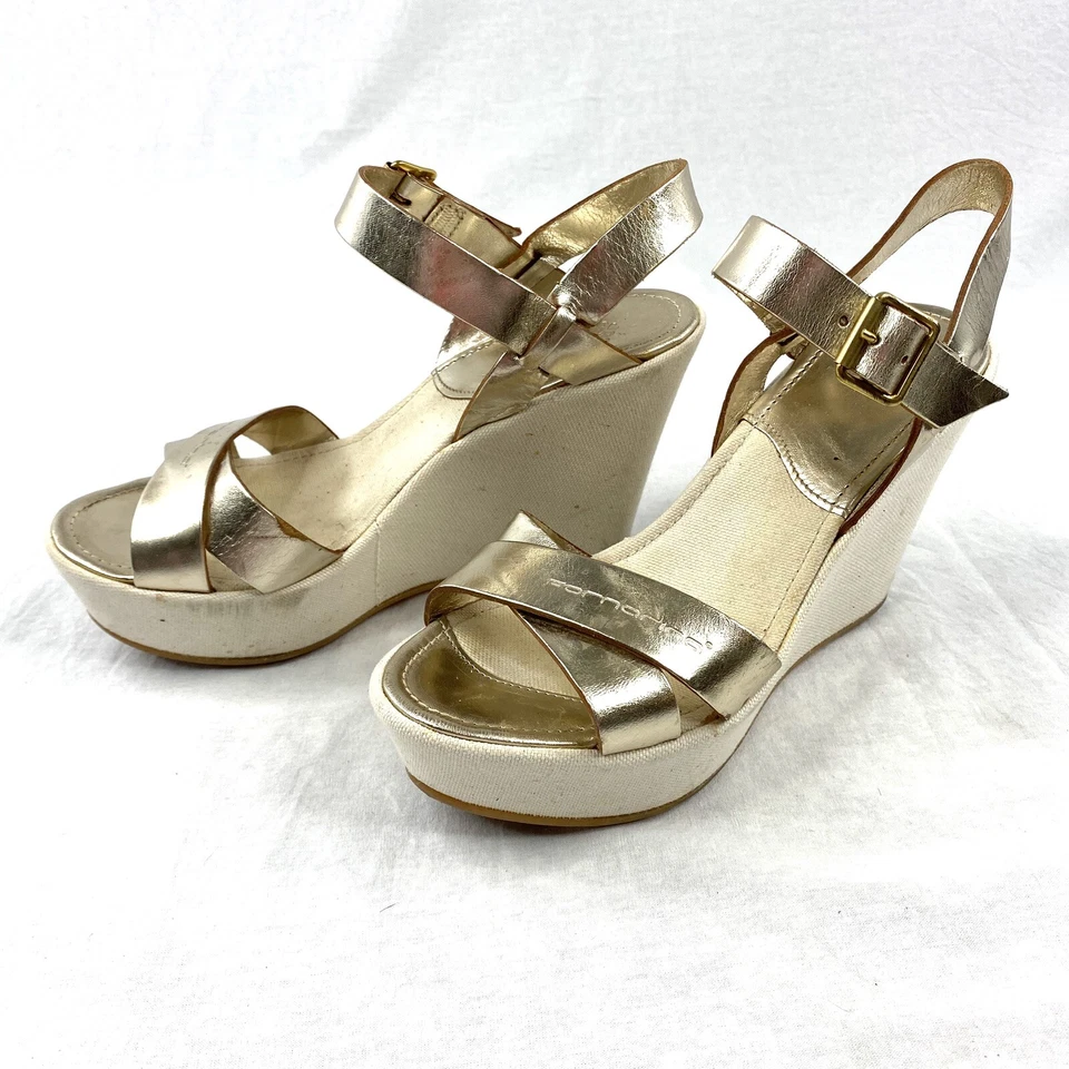 Sandalias Fornarina para mujer de lona con plataforma de cuña de cuero dorado talla 8 Foto 3 de 4
