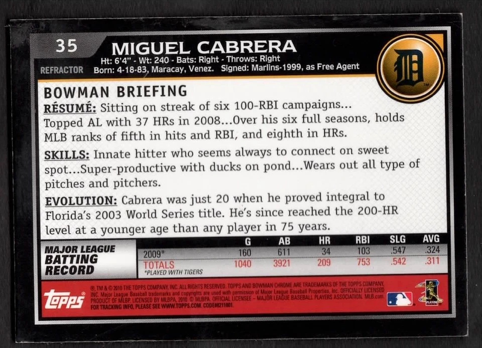 2010 Miguel Cabrera Bowman Chrome Baseball Black Border Refractor Tigers #35 - Image 2 of 2