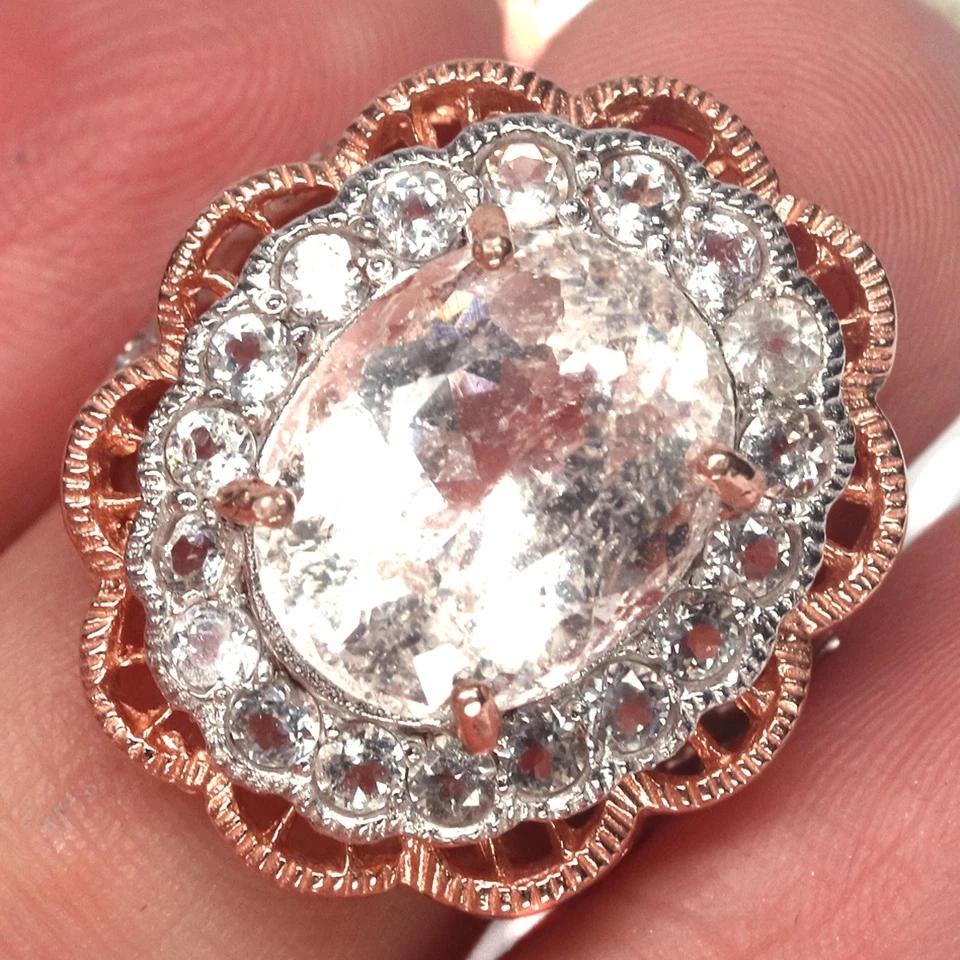 Anillo de plata 925 con piedras preciosas sin calentar morganita rosa claro y circón blanco talla 5,5 Foto 3 de 4