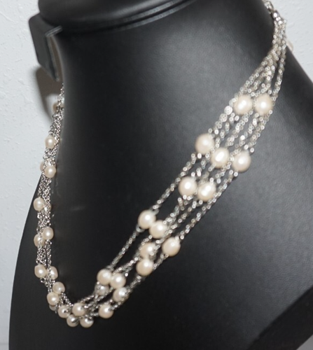 Silver Tone Natural Pearl 5 Strand Necklace 21" - 第 4/6 張圖片