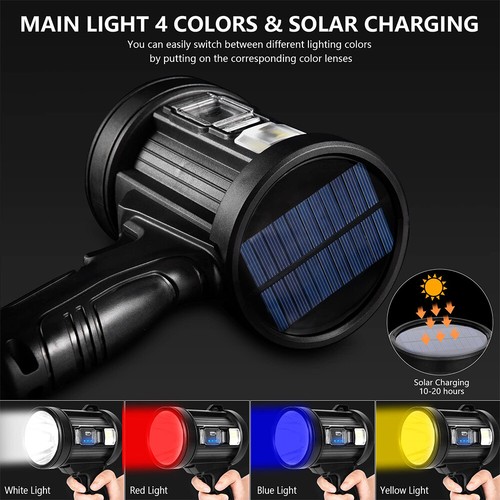 Solar LED Searchlight Rechargeable Spotlight Handheld Torch Light Lamp w Holder - Picture 4 of 19