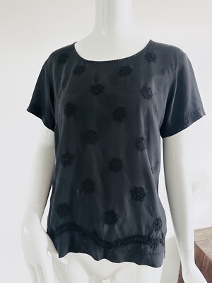 TRICOT Comme Des Garcons Schwarz Top Bluse Blumen Stickerei Cupro Seide Größe M