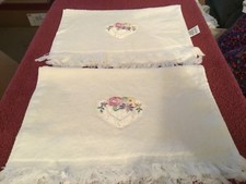 Pair of Matching White Hand Towels w/ Heart and Flowers Embroidered on Them  