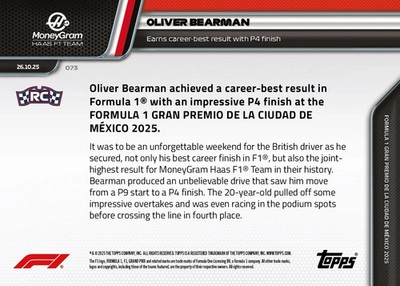 Oliver Bearman HAAS F1 Team 2025 Formula 1 Topps NOW® - Card 73 | eBay