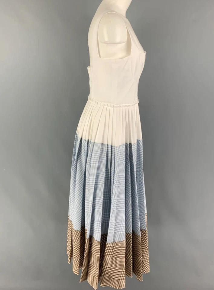 Vestido Lela Rose Blanco Azul Marrón Guinga Cuello Cuadrado Plisado Midi - Talla 4 Nuevo con Etiquetas Foto 2 de 4