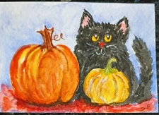 ACEO Original Black Cat, Pumpkins Watercolor Painting, Halloween, Thanksgiving 