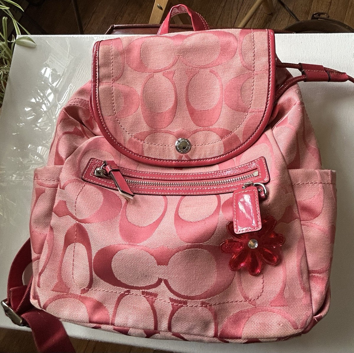 RARE!! Coach Pink Signature C Backpack F16556 Canvas Leather Trim