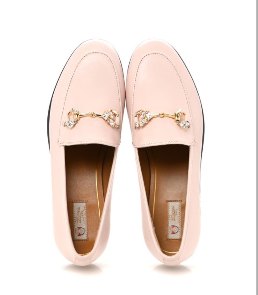 Gucci Jordaan Loafers Leather With Crystals Size Pink Hibiscus Womens  Shoes