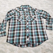 Wrangler Western Shirt Mens 17 1/2 Green Plaid Pocket Pearl Snap Long Sleeve