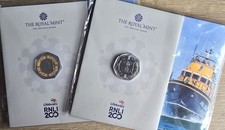 2 x 2024 Royal Mint 50p coins 200 Years of the RNLI coloured Ltd ed 7500 & base