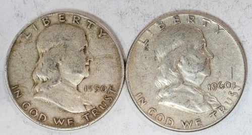 Lot of 2 - 1950 & 60 Franklin Half Dollars 90% Silver -$1 Face - See Photos