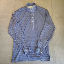 Collars  Co Dress Collar Polo Shirt Men's L Blue Gingham Long Sleeve Stretch