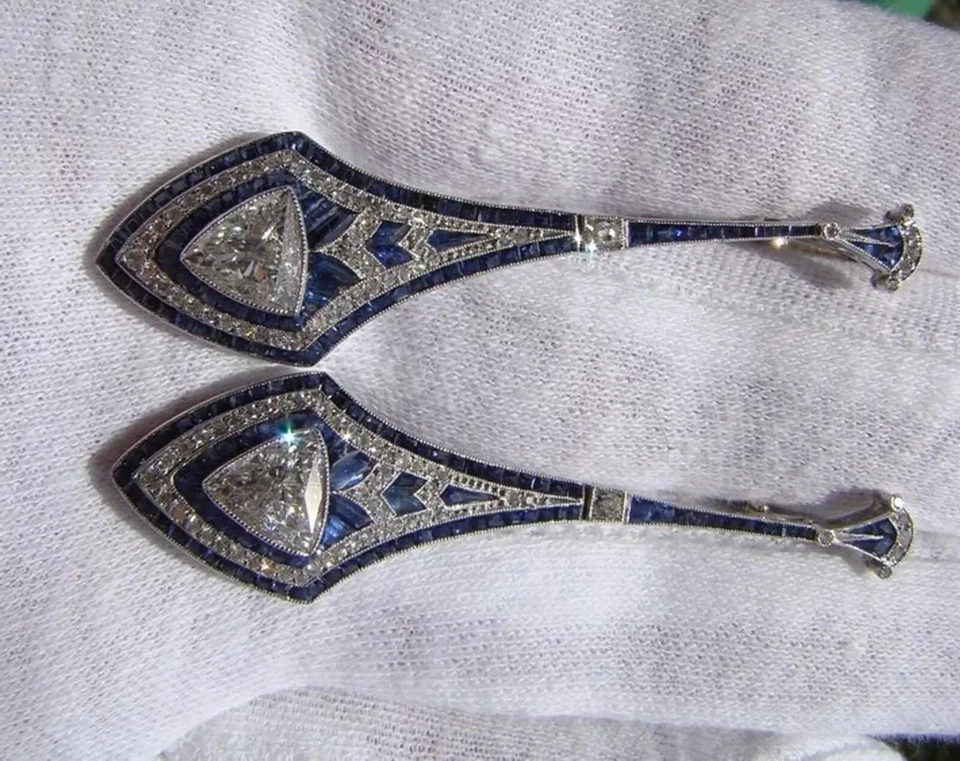 Art Deco Style 8Ct Lab Created Diamond & Sapphire 14K White Gold Finish Earrings - Image 3 of 4
