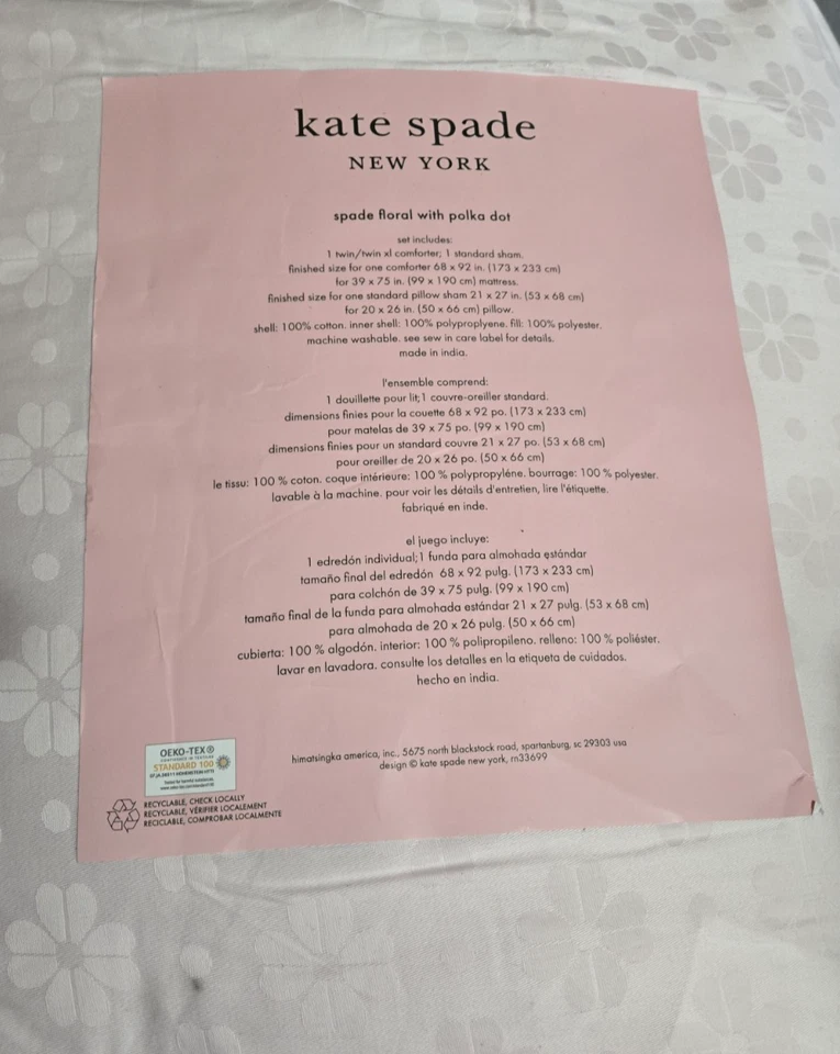 Conjunto de edredom duplo Kate Spade giz rosa floral com bolinhas - Imagem 3 de 3