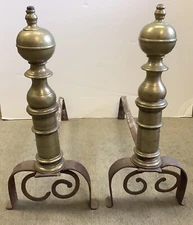 19th Century Period Andirons Brass with Iron Feet 18.5” Tall