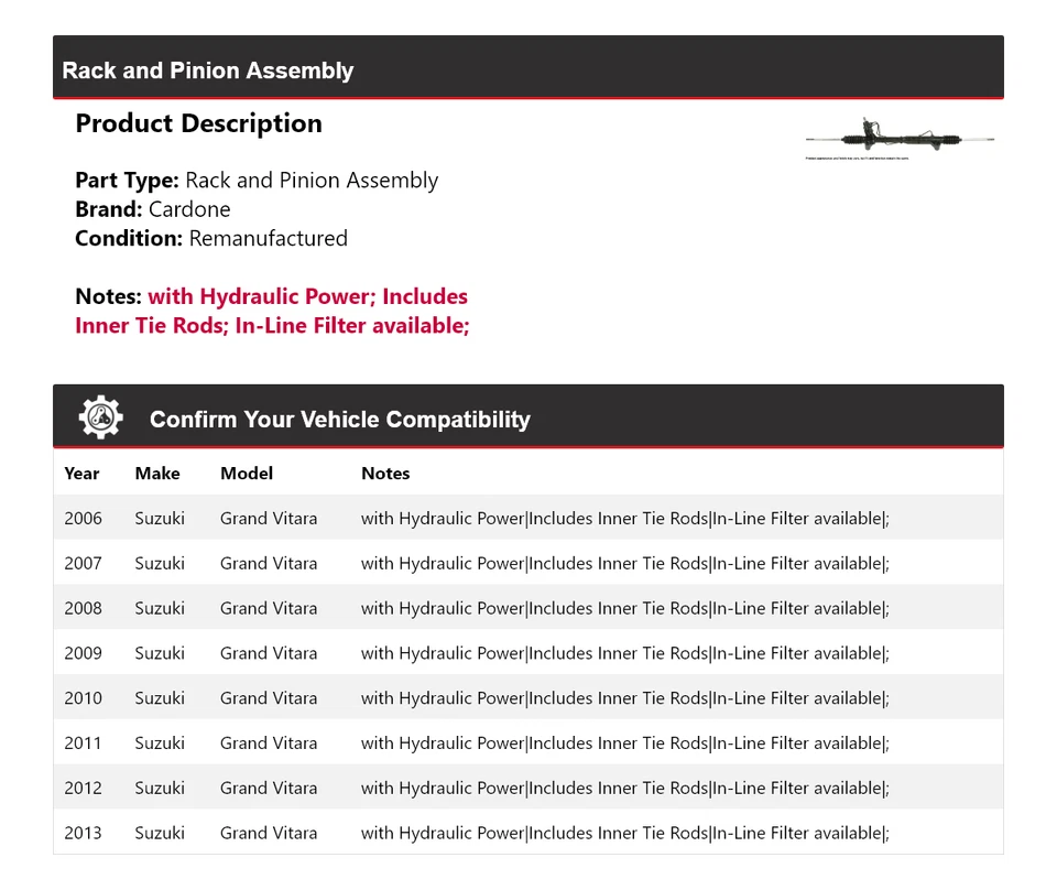 For 2006-2013 Suzuki Grand Vitara Rack and Pinion Assembly Cardone 2007 2008 - Image 2 of 4