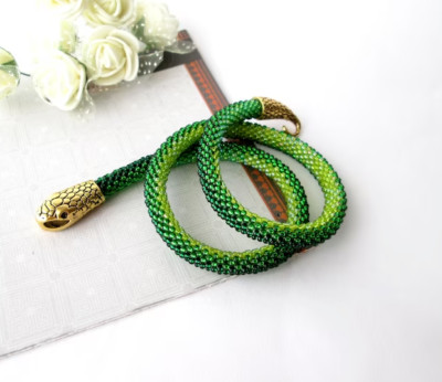 Snake necklace bracelet Green Slytherin bracelet Bead crochet necklace ouroboro