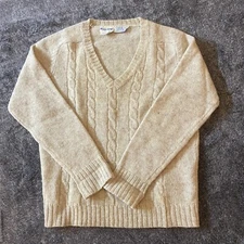 VTG 80s John Meyer Cable Knit Sweater Women Sz S 100% Virgin Wool Beige Tan