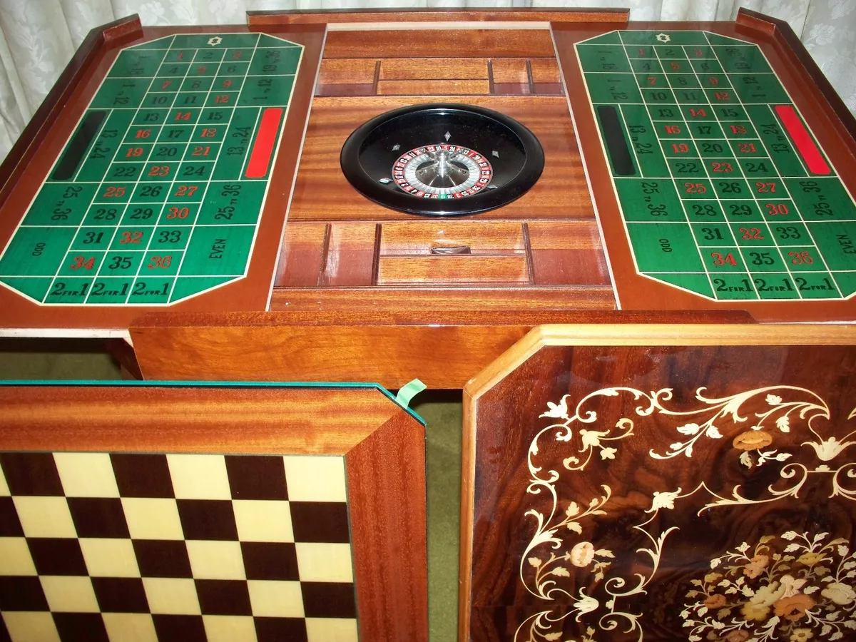 1960s Italian Inlaid Wood Multi Game Table With Roulette, Checkers/Chess,  Backgammon