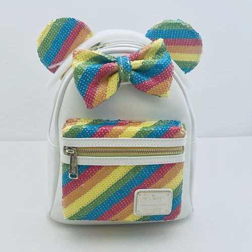 Loungefly Disney Rainbow Sequin White Mini Backpack Minnie Mickey Mouse Ears NEW