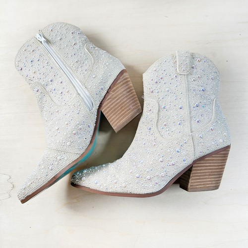 Stivali stivali western Betsey Johnson Diva bianco perla taglia 7 donna - Foto 3 di 10