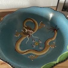 Chinese Blue Cloisonn&eacute; Enamel Bowl with Dragon Design and Copper Rim