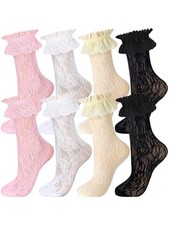Geyoga 4 Pairs Lace Ruffle Frilly Ankle 5-9 Black, White, Pink, Light Yellow