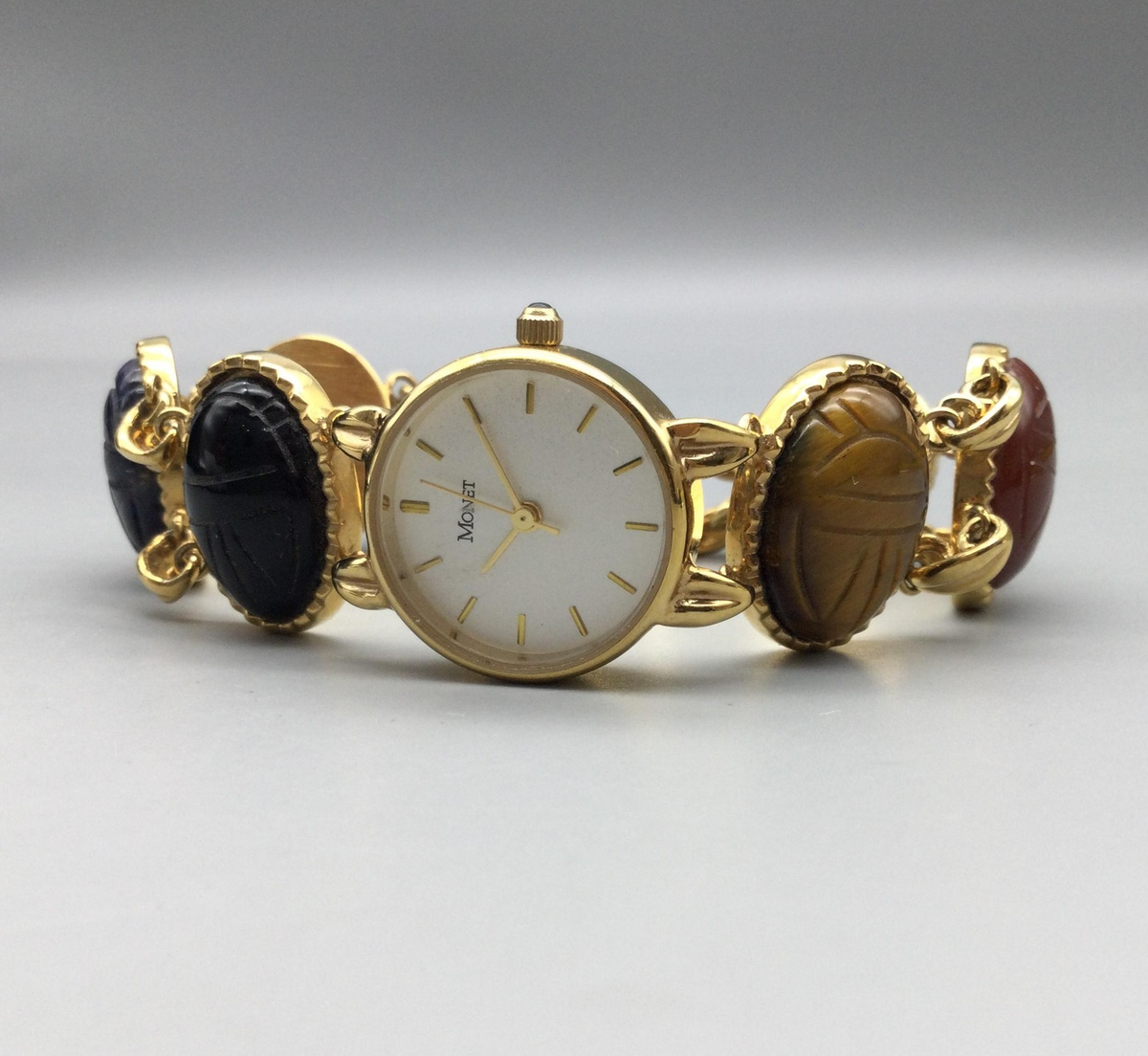 Vintage Monet Watch Women 21mm Gold Tone Scarab Bracelet 