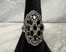Vintage Silver Tone Marquise Crystal Cluster Marcasite Accent Ring Size 7.5
