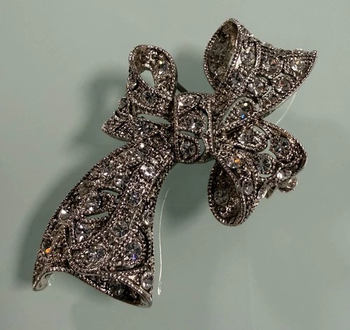 Vintage Rare Eisenberg Ice Silver-tone and Rhinestone-covered Bow Brooch