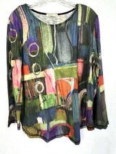 Jess & Jane Top Size Large Abstract Art Shirt Multi color Pull Over 3/4  Sleeve
