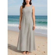 Striped Maxi Dress MEDIUM Gray White Boho Sleeveless Beachy Casual Boho Modern