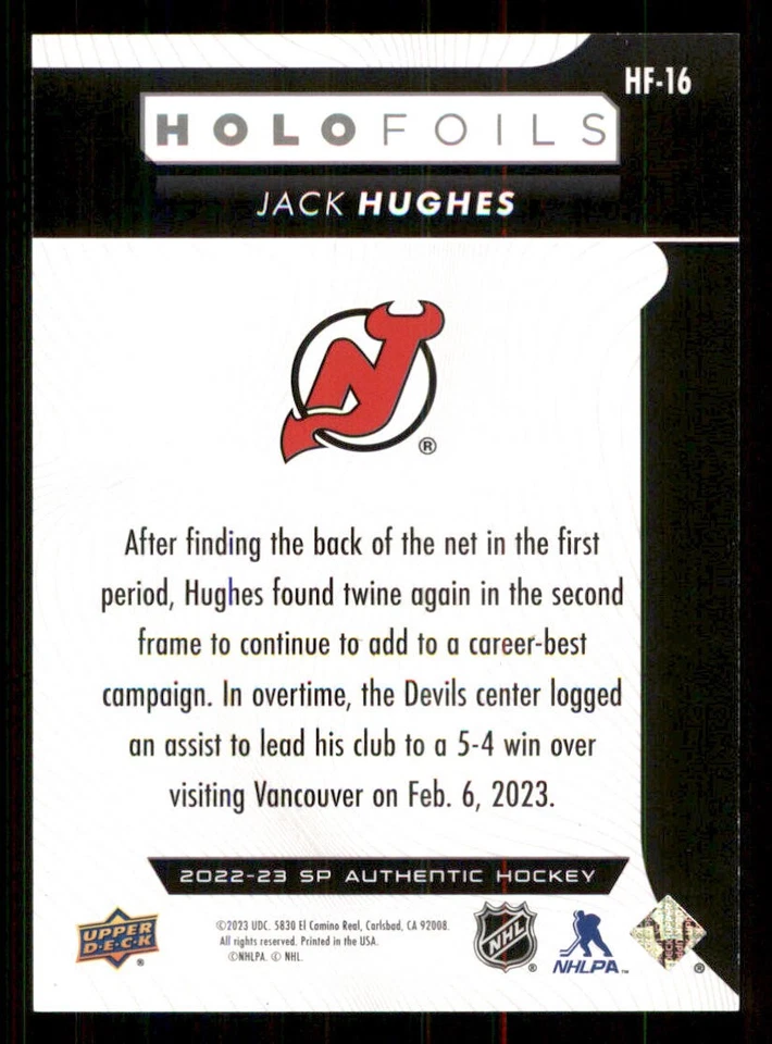 2022-23 SP Authentic SP Holofoils #HF16 Jack Hughes - Image 2 of 2
