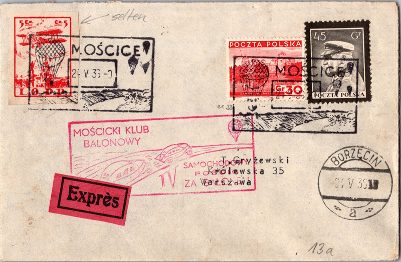 1938 Borzecin Poland Ballon Flight Expres Airmail Cover to Warsaw