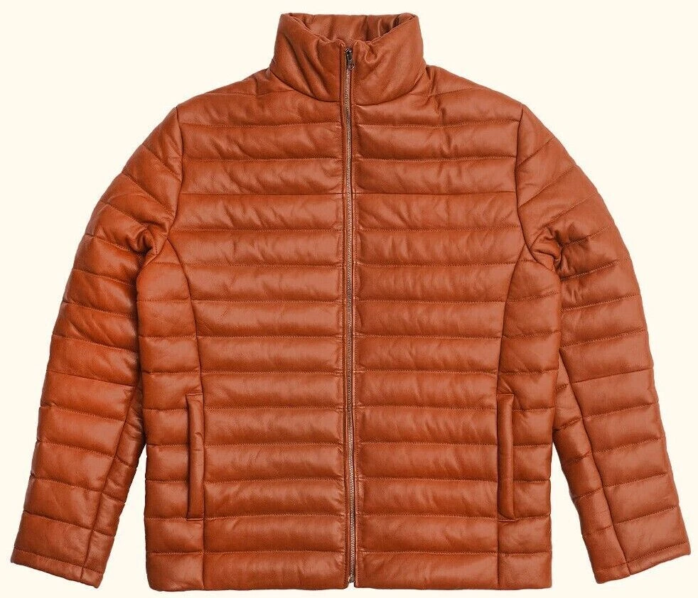 Men's Genuine Leather Tan Brown Puffer Jacket Fully Quilted Winter Biker Jacket
