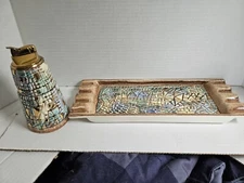 Sascha Brastoff MCM Beautiful Blue Mosaic Design Ashtray Table Lighter Set MCM  