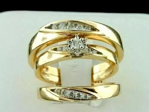 2Ct Round Moissanite His-Her Trio Wedding Ring Set 14K Yellow Gold Plated - Picture 1 of 2