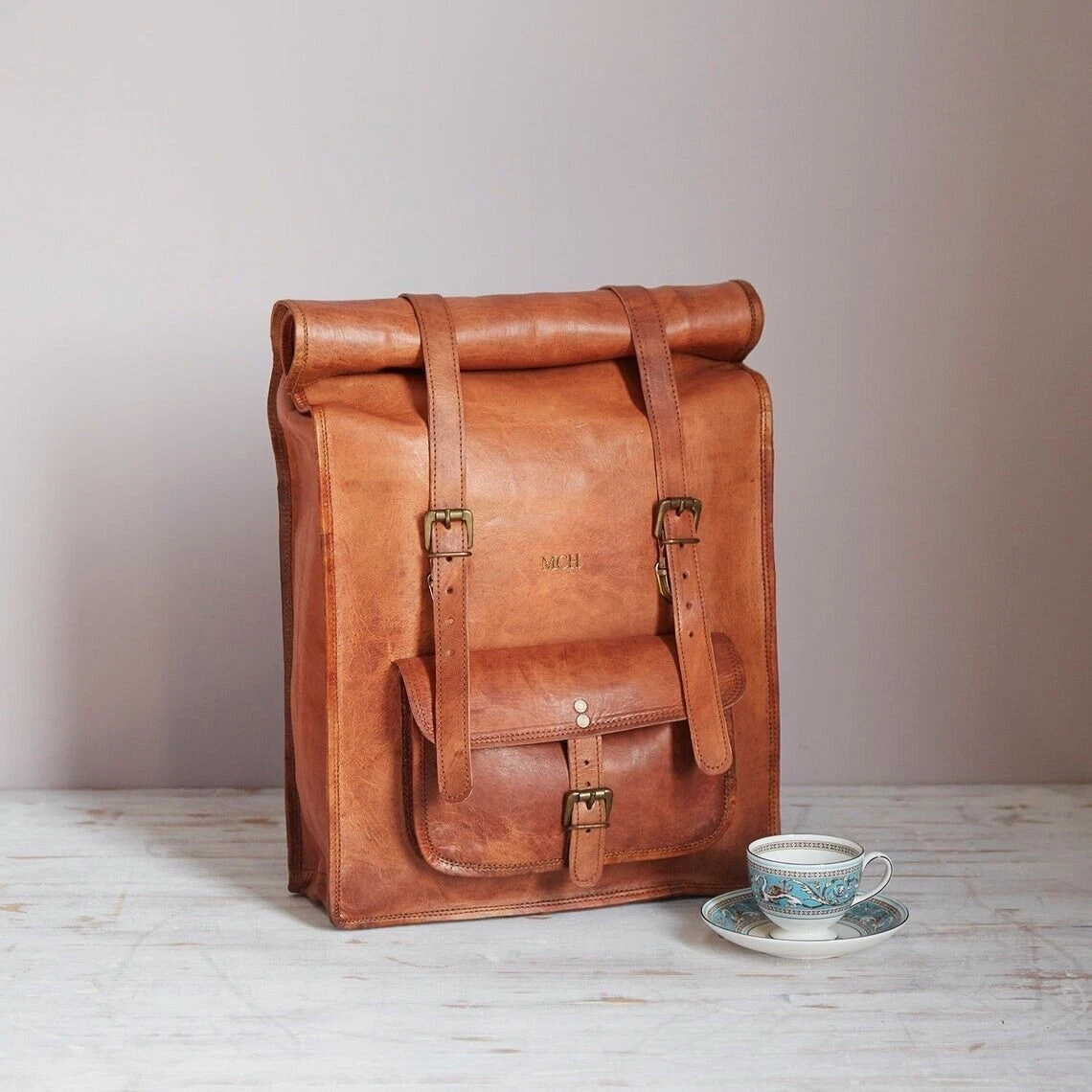 Roll Handy Backpack Rucksack Rolling Bag travel Bikers Bag in Real leather